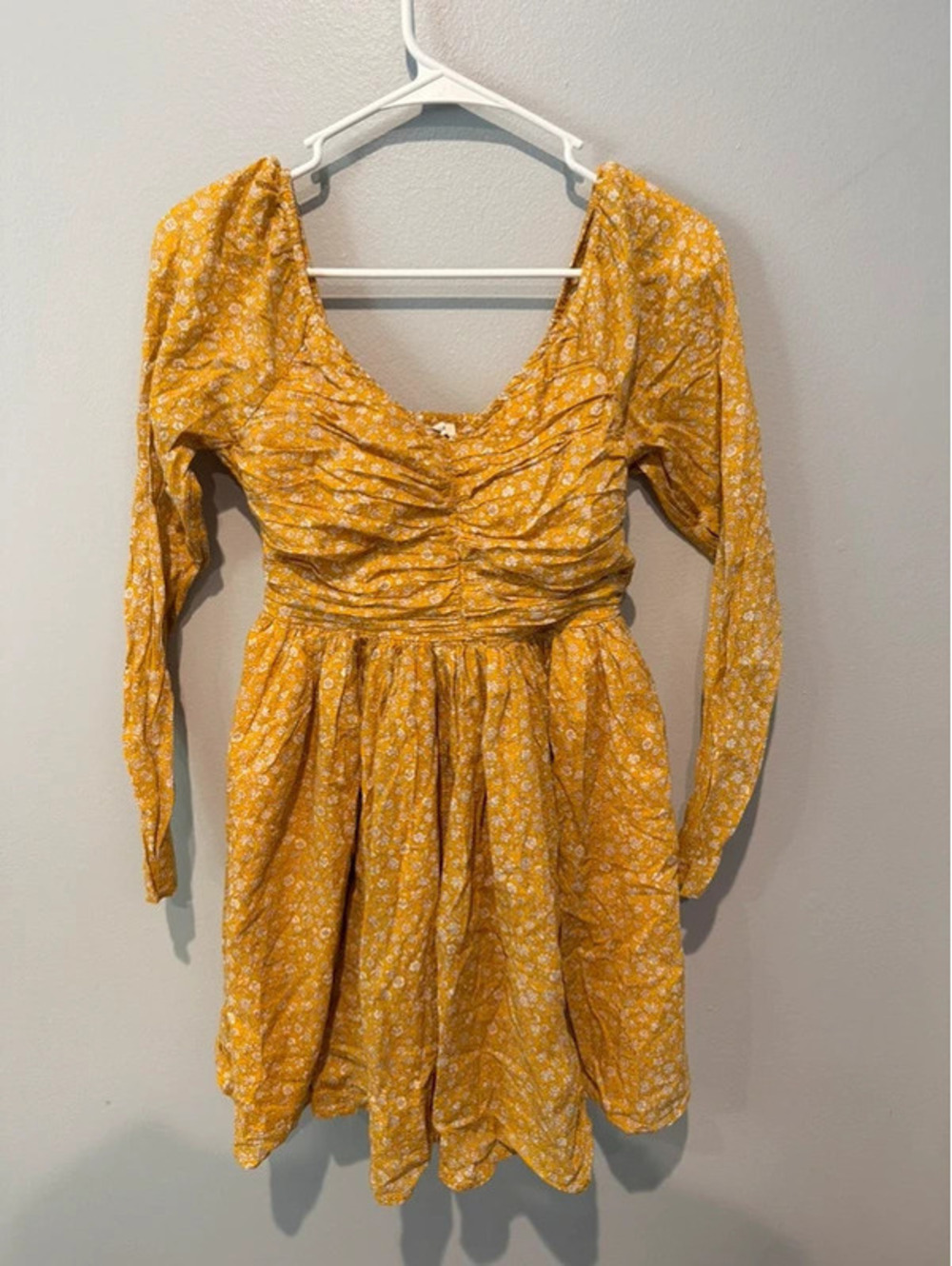 American Eagle Small Mustard Yellow Floral Ruched Mini Dress Long Sleeve